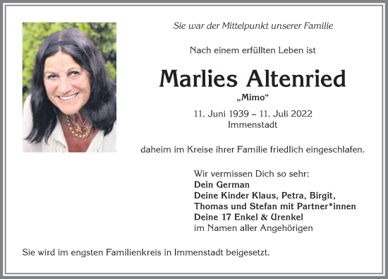 Traueranzeige von Marlies Altenried von Allgäuer Anzeigeblatt