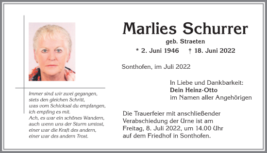 Traueranzeige von Marlies Schurrer von Allgäuer Anzeigeblatt