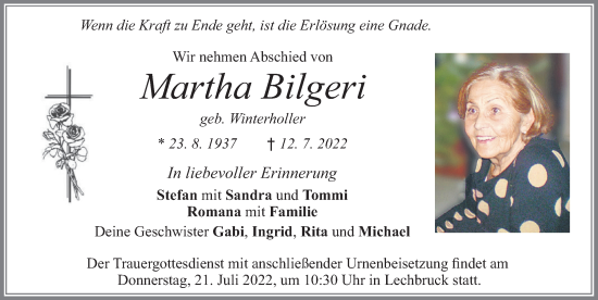 Traueranzeige von Martha Bilgeri von Allgäuer Zeitung, Füssen