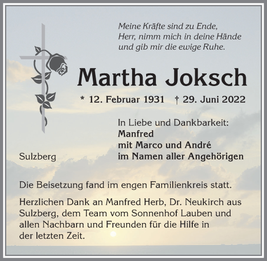 Traueranzeige von Martha Joksch von Allgäuer Zeitung,Kempten