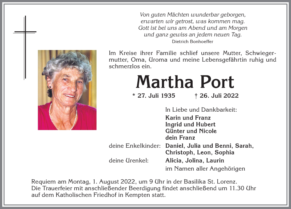  Traueranzeige für Martha Port vom 30.07.2022 aus Allgäuer Zeitung,Kempten