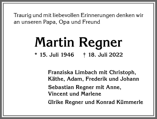 Traueranzeige von Martin Regner von Allgäuer Anzeigeblatt