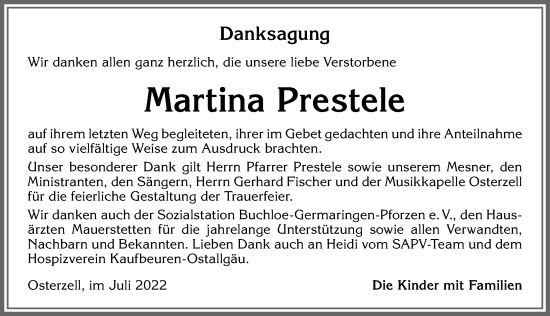 Traueranzeige von Martina Prestele von Allgäuer Zeitung, Kaufbeuren/Buchloe