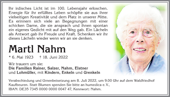 Traueranzeige von Martl Nahm von Allgäuer Zeitung, Kaufbeuren/Buchloe