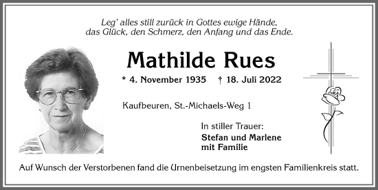 Traueranzeige von Mathilde Rues von Allgäuer Zeitung, Kaufbeuren/Buchloe