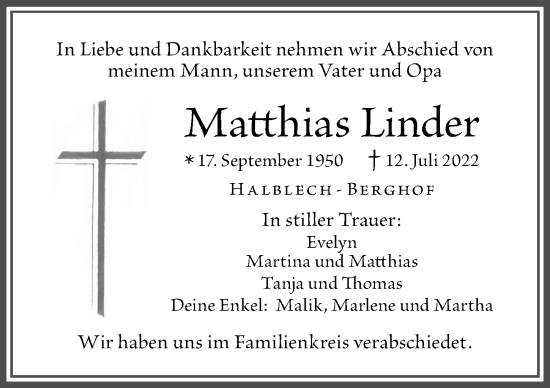 Traueranzeige von Matthias Linder von Allgäuer Zeitung, Füssen