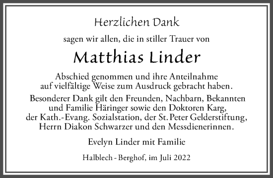 Traueranzeige von Matthias Linder von Allgäuer Zeitung, Füssen