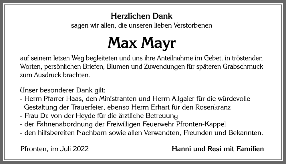  Traueranzeige für Max Mayr vom 14.07.2022 aus Allgäuer Zeitung, Füssen