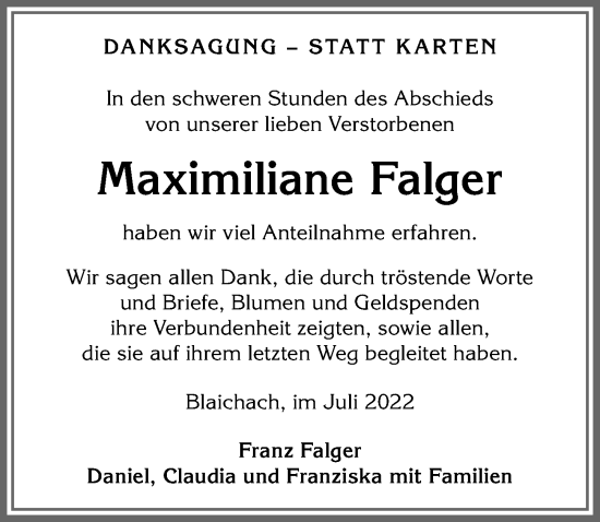 Traueranzeige von Maximiliane Falger von Allgäuer Anzeigeblatt