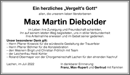 Traueranzeige von Max Martin Diebolder von Memminger Zeitung