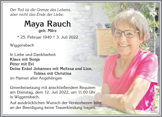 Traueranzeige von Maya Rauch von Allgäuer Zeitung,Kempten