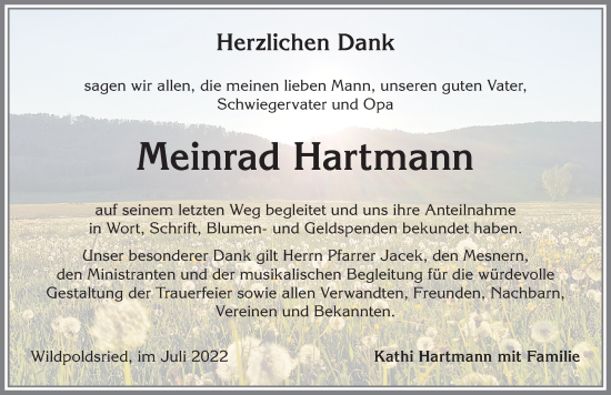 Traueranzeige von Meinrad Hartmann von Allgäuer Zeitung,Kempten