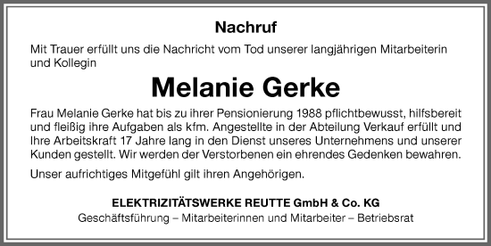 Traueranzeige von Melanie Gerke von Allgäuer Zeitung, Füssen