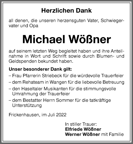 Traueranzeige von Michael Wößner von Memminger Zeitung