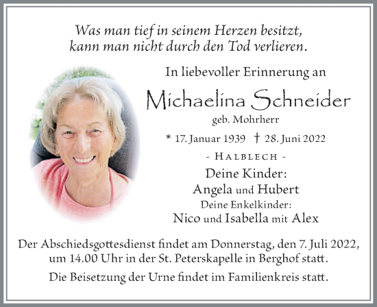 Traueranzeige von Michaelina Schneider von Allgäuer Zeitung, Füssen