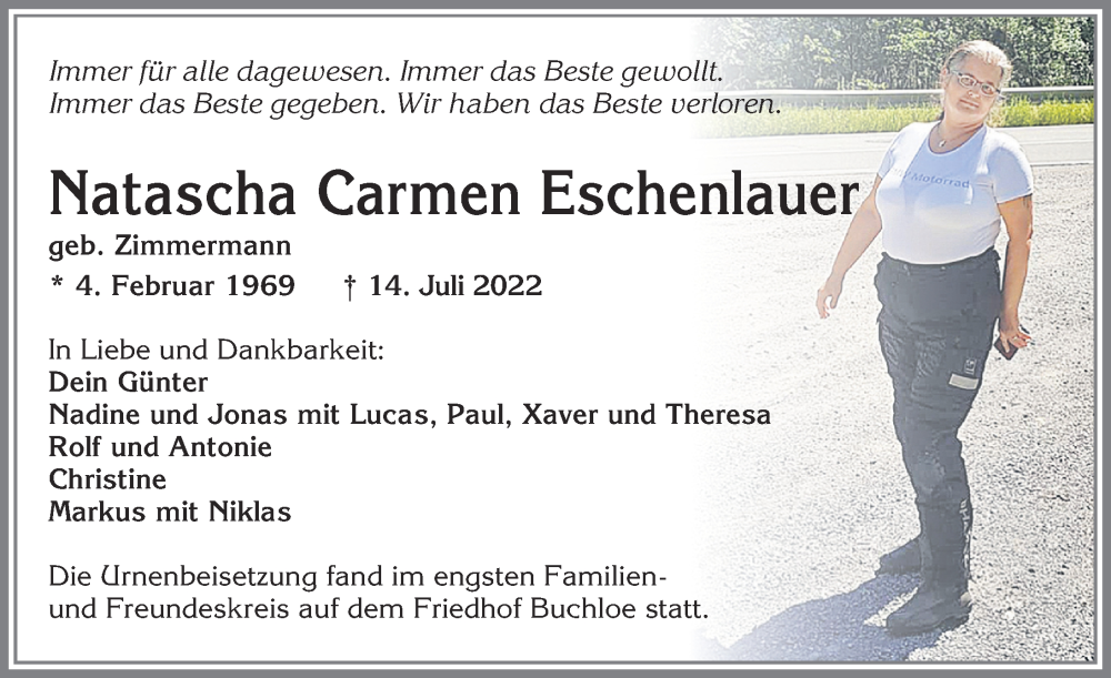  Traueranzeige für Natascha Carmen Eschenlauer vom 26.07.2022 aus Allgäuer Zeitung, Kaufbeuren/Buchloe