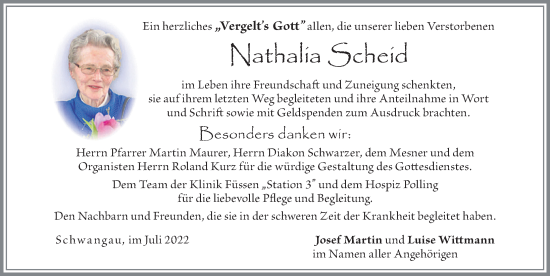 Traueranzeige von Nathalia Scheid von Allgäuer Zeitung, Füssen
