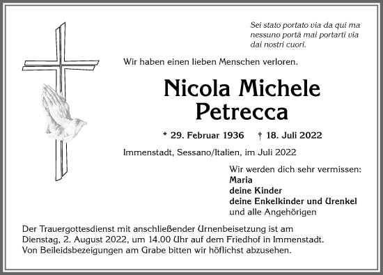 Traueranzeige von Nicola Petrecca von Allgäuer Anzeigeblatt