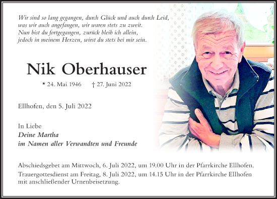 Traueranzeige von Nik Oberhauser von Der Westallgäuer