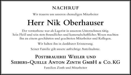 Traueranzeige von Nik Oberhauser von Der Westallgäuer