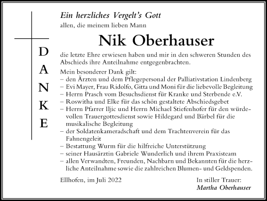 Traueranzeige von Nik Oberhauser von Der Westallgäuer