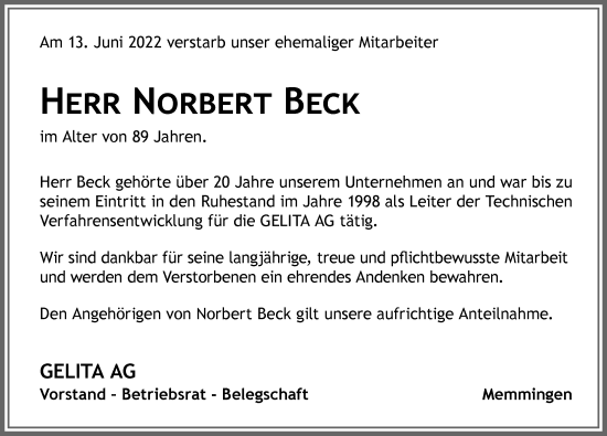 Traueranzeige von Norbert Beck von Memminger Zeitung