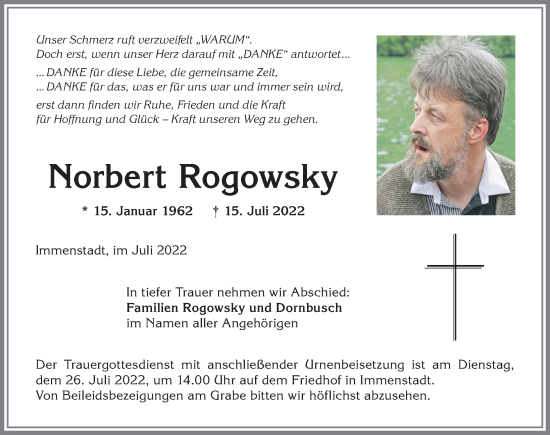 Traueranzeige von Norbert Rogowsky von Allgäuer Anzeigeblatt