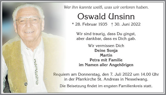 Traueranzeige von Oswald Unsinn von Allgäuer Zeitung, Füssen