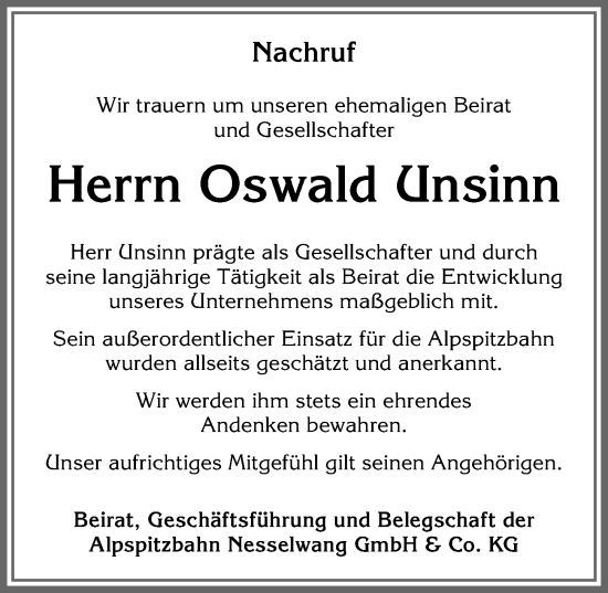 Traueranzeige von Oswald Unsinn von Allgäuer Zeitung, Füssen