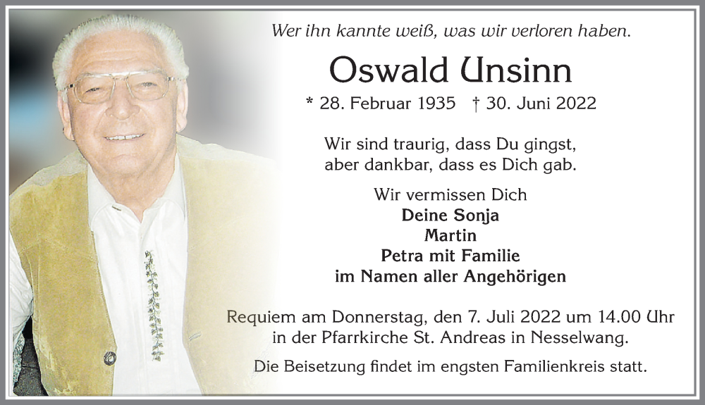  Traueranzeige für Oswald Unsinn vom 05.07.2022 aus Allgäuer Zeitung, Füssen