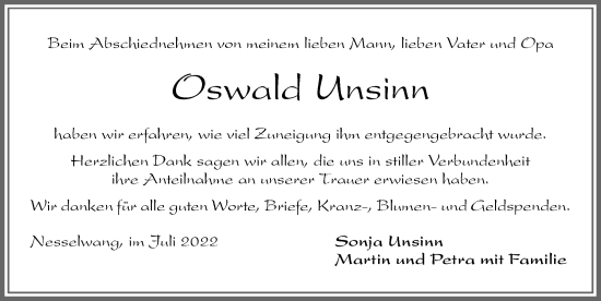 Traueranzeige von Oswald Unsinn von Allgäuer Zeitung, Füssen