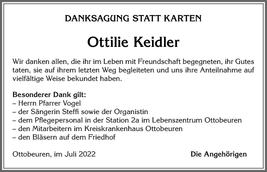 Traueranzeige von Ottilie Keidler von Memminger Zeitung