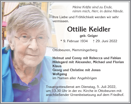 Traueranzeige von Ottilie Keidler von Memminger Zeitung