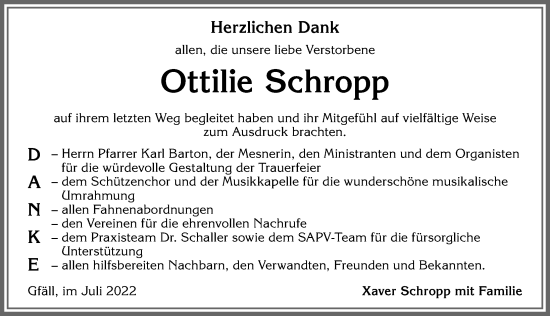 Traueranzeige von Ottilie Schropp von Allgäuer Zeitung, Marktoberdorf