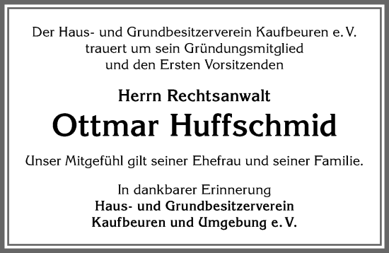 Traueranzeige von Ottmar Huffschmid von Allgäuer Zeitung, Kaufbeuren/Buchloe
