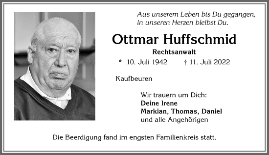 Traueranzeige von Ottmar Huffschmid von Allgäuer Zeitung, Kaufbeuren/Buchloe