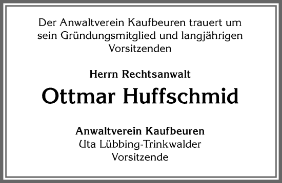 Traueranzeige von Ottmar Huffschmid von Allgäuer Zeitung, Kaufbeuren/Buchloe