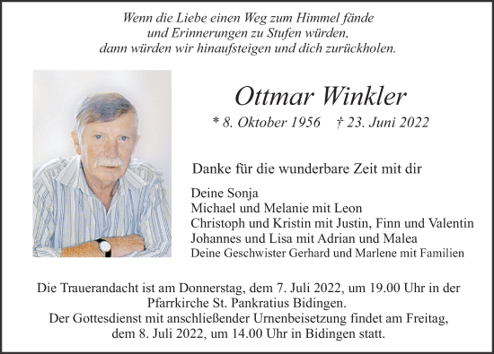 Traueranzeige von Ottmar Winkler von Allgäuer Zeitung, Marktoberdorf