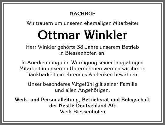 Traueranzeige von Ottmar Winkler von Allgäuer Zeitung, Kaufbeuren/Buchloe