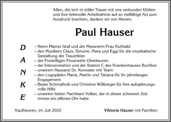 Traueranzeige von Paul Hauser von Allgäuer Zeitung, Kaufbeuren/Buchloe