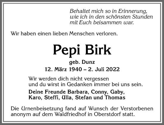 Traueranzeige von Pepi Birk von Allgäuer Anzeigeblatt