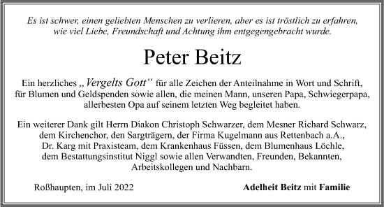 Traueranzeige von Peter Beitz von Allgäuer Zeitung, Füssen