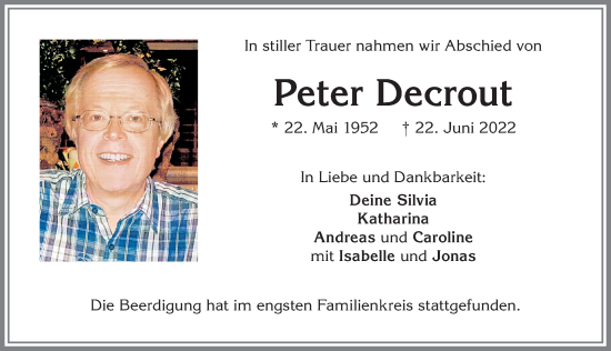 Traueranzeige von Peter Decrout von Allgäuer Zeitung, Kaufbeuren/Buchloe