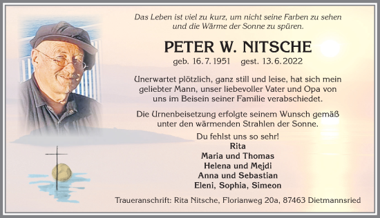 Traueranzeige von Peter W. Nitsche von Allgäuer Zeitung,Kempten