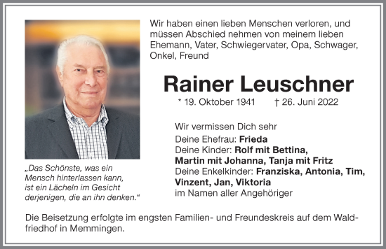 Traueranzeige von Rainer Leuschner von Memminger Zeitung