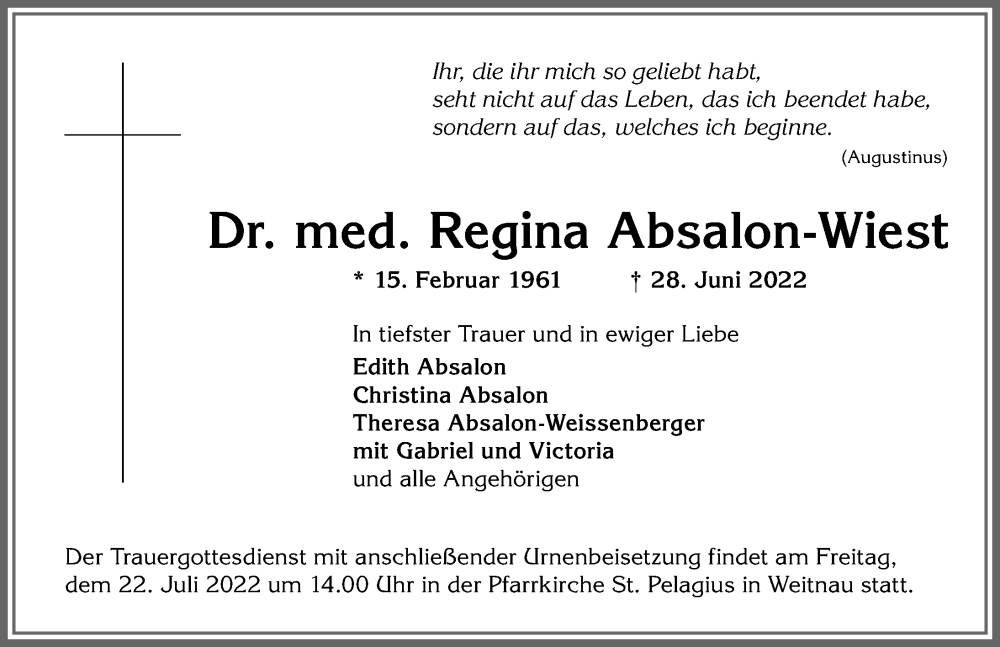  Traueranzeige für Regina Absalon-Wiest vom 16.07.2022 aus Allgäuer Zeitung,Kempten
