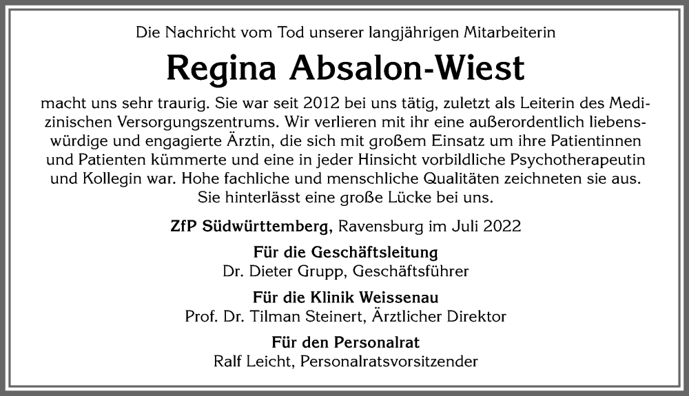  Traueranzeige für Regina Absalon-Wiest vom 18.07.2022 aus Allgäuer Zeitung,Kempten