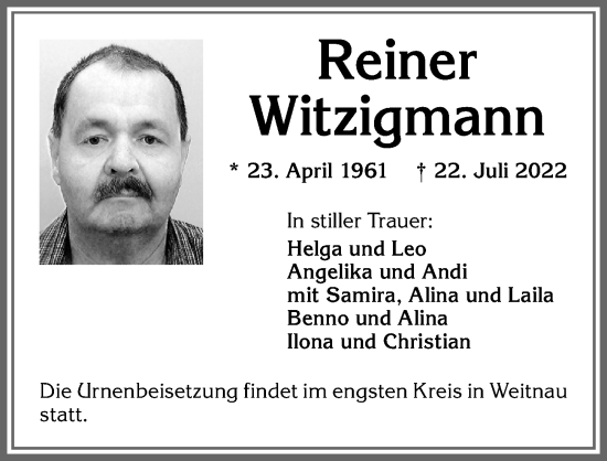 Traueranzeige von Reiner Witzigmann von Allgäuer Zeitung,Kempten