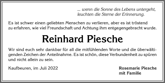 Traueranzeige von Reinhard Piesche von Allgäuer Zeitung, Kaufbeuren/Buchloe