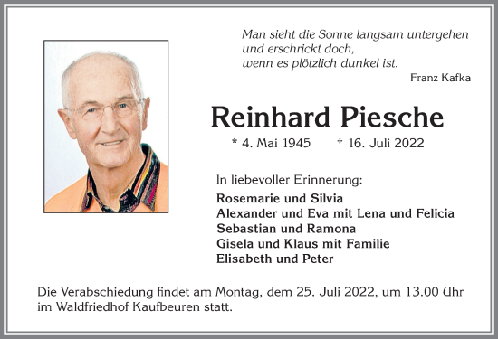 Traueranzeige von Reinhard Piesche von Allgäuer Zeitung, Kaufbeuren/Buchloe